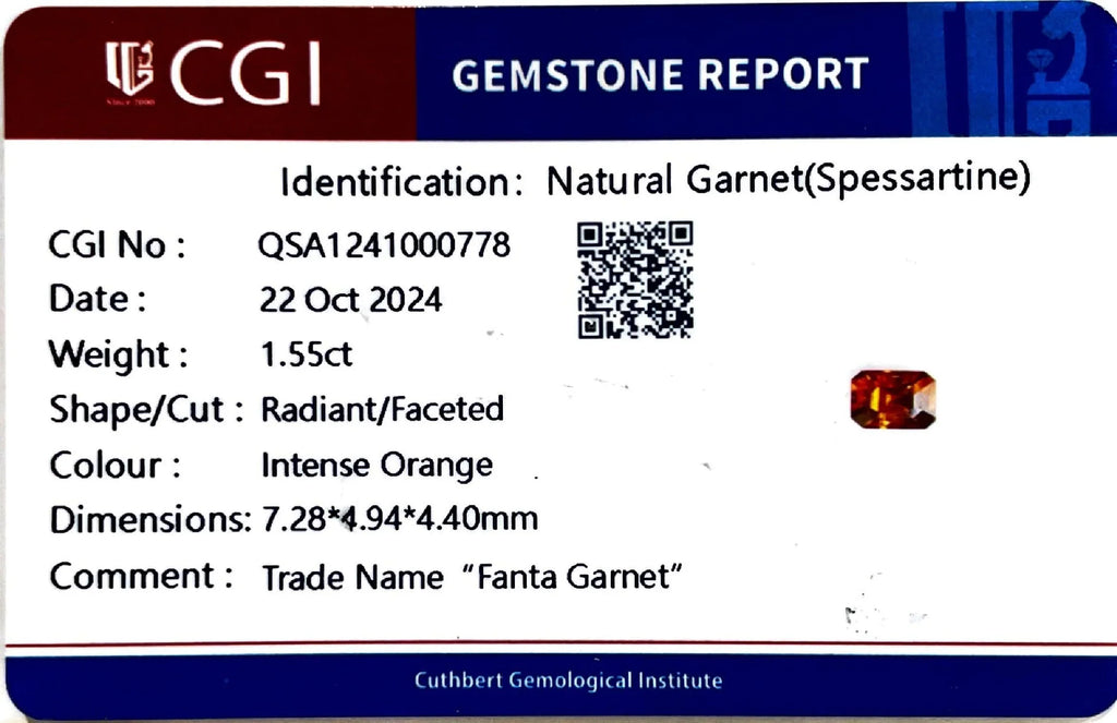 1.55ct Natural Ceylon Fanta Garnet - Radiant Cut - Certified - Loose Gemstones - My Precious Gems