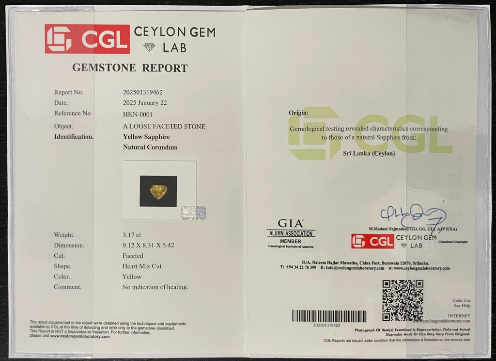 3.17ct Natural Ceylon Yellow Sapphire - Heart Cut - Unheated & Certified - Loose Gemstones - My Precious Gems